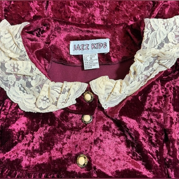 Jazz Kids Vintage Dress Girls Red Velvet Long Sleeve Maroon Red Victorian Lace - Picture 3 of 4